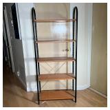 INDUSTRIAL SHELVING UNIT | Simple five tier shelf / bookcase, with wood slabs between two black tube