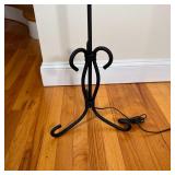BLACK FLOOR LAMP | Scrolled frame on tripod base with leaf finial and cream fabric shade, turns on; 