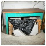 COUNTRY STYLE KITCHEN TABLE | Dark finish block top over painted sea green frame, one leg is wobbly;