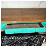 COUNTRY STYLE KITCHEN TABLE | Dark finish block top over painted sea green frame, one leg is wobbly;