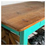 COUNTRY STYLE KITCHEN TABLE | Dark finish block top over painted sea green frame, one leg is wobbly;