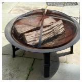 OUTDOOR FIRE PIT | Metal four legged round fire pit with cover and tongs, naturally rusted; dia. 30 
