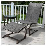 Weatherproof woven outdoor patio lounge chairs with matching foot rests and a glass-top side table; 