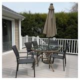 (8pc) OUTDOOR DINING SET | Glass top outdoor dining table with 6 chairs, including an umbrella (8 ft