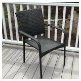 outdoor dining table with 6 chairs, including an umbrella (8 ft) and stand; table 84 x 42 x 29 in.; 