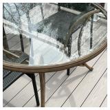 outdoor dining table with 6 chairs, including an umbrella (8 ft) and stand; table 84 x 42 x 29 in.; 