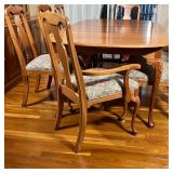 Harden Furniture, solid cherry table and chairs dining room set, table with carved shell motif on ca