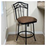 3 barstools with openwork iron seatbacks and like new fabric seat cushions over four legs; h. 40 x 1