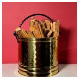 SMALL BUCKET of KINDLING | Small brass colored bucket with hammered texture containing small kindlin