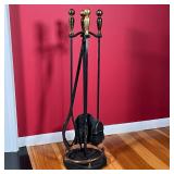 FIREPLACE TOOL SET | Tongs, poker, brush and pan, brass handles, all on a stand; 31 x 9 in.