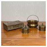 (4pc) BRASS BOXES ETC. | Including a pair of round lidded boxes, a hinged lid box decorated with ani