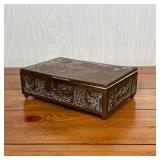 hinged lid box decorated with animals in reserves, and an Indian brass bowl; largest box 2-1/2 x 8 x