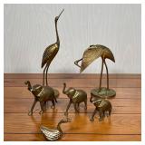 (6pc) BRASS ANIMAL FIGURES | Including a pair of cranes, a set of 3 elephants, and a swan; tallest h