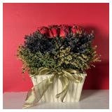 DECORATIVE ROSEBUSH PLANTER | Mini faux rosebush in planter with bow; 8-1/2 x 7 x 4 in. 