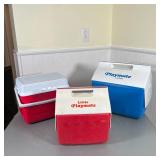 (3pc) GROUP COOLERS | Including a blue Playmate cooler, a red Little Playmate cooler, and a red Rubb