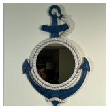 NAUTICAL WALL MIRROR | Round mirror in an anchor and rope painted frame; 28 x 18-3/4 in.