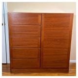 DANISH DRESSER CABINET | Danish modern wood cabinet having a wardrobe door with shelves on the right