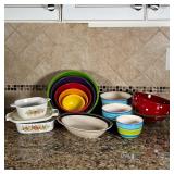 LOT of BOWLS | Set of colorful plastic mixing bowls (largest dia. 9-3/4 in.), a stoneware oval dish,