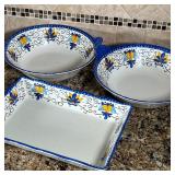 (5pc) MELAMINE SERVINGWARE | Set of matching large serving tray and pair of large bowls with Mediter