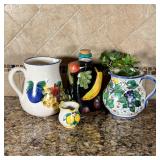 (4pc) PAINTED FRUIT VESSELS | Including a small pottery creamer hand painted with lemons signed Tiff