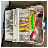 FISHING GEAR | Including one tacklebox with lures and other items, plus 2 empty tackle boxes