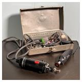 DREMEL TOOLS | Misc. tools and parts in a metal Dremel kit box