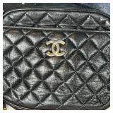 Madison West blue faux reptile skin bag, Chanel quilted bag, three small pouches, and a brown leathe