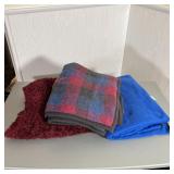(3pc) THROW BLANKETS | Including a plaid fleece blanket, fuzzy maroon blanket, and a blue fleece bla