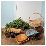 (8pc) MISC. BASKETS | Including one with a faux plant; largest 6-3/4 x 16 x 9 in.
