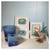 (6pc) FISH THEMED DECOR | Three framed prints (largest 9 x 12 in. ), trash can and tissue box cover,