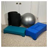 (4pc) EXERCISE EQUIPMENT | Including "TransFIRMer" steps, two foam pads, and an exercise ball