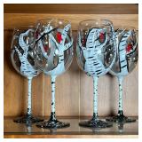 (4pc) HAND PAINTED WINE GLASSES | Depicting cardinal birds resting on birch trees; h. 9-1/2 in. 
