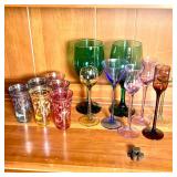 (14pc) COLORFUL SMALL GLASSWARE | Six multi-colored shot glasses with etched scrollwork motif (h. 3-