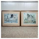 PAIR NYC SCENES | A pair of framed prints of paintings of New York City, each pencil signed lower ri