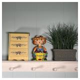 (3pc) SHELF DECOR | Including a faux plant, a gardening figure piggy bank, and a painted miniature c