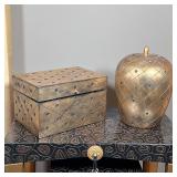 (2pc) DECORATIVE GOLD JAR AND BOX | Pineapple style lidded jar with gold finish and a matching trink