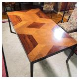 parquetry extension dining table by Johnson Furniture Co., with impressive contrasting woods; h. 28-