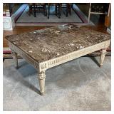 MARBLE TOP COFFEE TABLE | Light wood finish with reeded legs and overall carving, emperador dark sty
