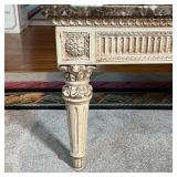  Light wood finish with reeded legs and overall carving, emperador dark style marble top; h. 17-3/4 