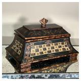 EASTERN PAINTED BOX | Eastern motif hand painted solid wood box with lid; overall 15-1/2 x 9-3/4 x 9