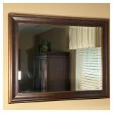 FRAMED WALL MIRROR | Beveled glass wall mirror with brown antiqued style wood frame; 37-1/2 x 48 in.