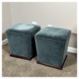 PAIR VELVET FOOTRESTS | Low stools or footrests with velvet padded upholstery and tacks on a square 