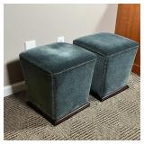 stools or footrests with velvet padded upholstery and tacks on a square wood frame; h. 17-1/2 x 15-1