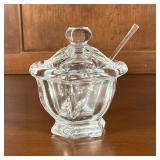 BACCARAT SUGAR BOWL | Baccarat lidded sugar bowl with spoon, having a hexagonal base and finial; h. 