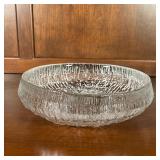 TEXTURED GLASS BOWL | Pressed glass bowl with low sides featuring glacial / bark textures; dia. 10-1