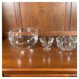 (3pc) GLASS BOWLS | Large ribbed glass fruit bowl (dia. 9-1/2 in), a smaller candy bowl by Arcoroc F
