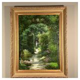 GARDEN OIL PAINTING | Original painting, oil on canvas, showing a garden pathway leading to a stone 