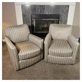 PAIR CUSTOM ARMCHAIRS | Swivel lounge chairs with custom fabric upholstery by LEE, earth friendly up