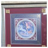 Roman gods Mars and Apollo on chariots with gilt highlights and within gilt key borders, framed behi