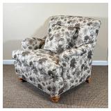 ETHAN ALLEN ARMCHAIR | Custom floral fabric upholstery and a matching pillow, with bun feet in the f